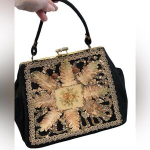 Vintage Black Velvet and Gold Embroidered Handbag Kiss Lock Clasp